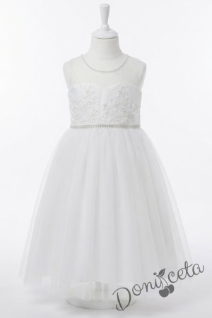 Детска официална дъгла рокля в бяло без ръкав от тюл за шаферка с дантела и кристали с обръч