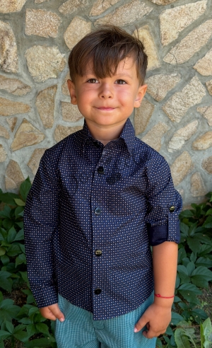 Детска риза за момче с дълъг ръкав с яка в тъмносиньо с орнаменти