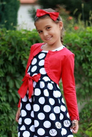 Детска рокля в тъмносиньо на точки с болеро в червено 