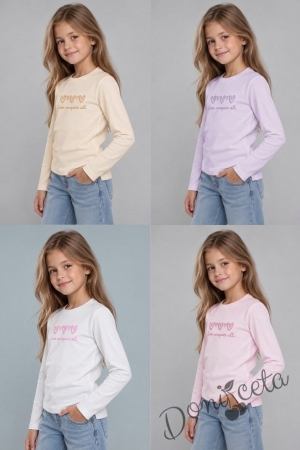 Детска блуза с дълъг ръкав в бяло за момиче с надпис