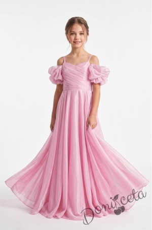 Ефирна официална дълга рокля с буфан ръкави в розов цвят Ками