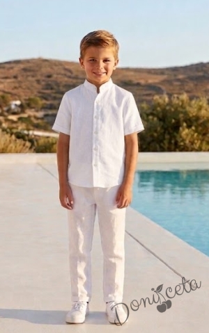  Детска лятна ризка за момче с къс ръкав в бяло без яка