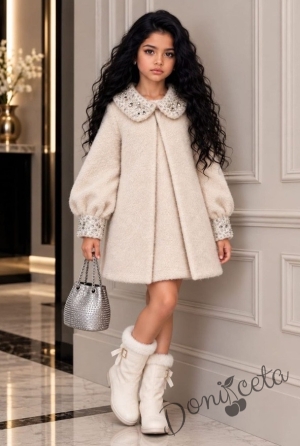 Луксозен зимен комплект за момичета от 3 части - кашмирено палто, рокля и чантичка в цвят екрю