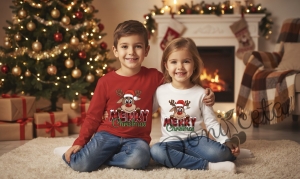 Детска коледна неватирана блуза в червено с елен и  надпис Merry Chrismas