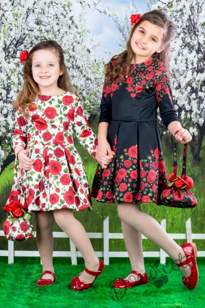 Официална детска рокля с дълъг ръкав в черно с червени рози