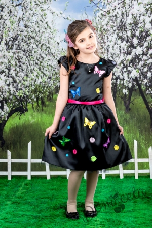 Официална детска рокля Акага в черно с пеперуди