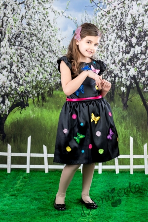 Официална детска рокля Акага в черно с пеперуди