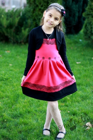 Ватирана ежедневна детска рокля в цвят малина с болеро в черно за есен-зима