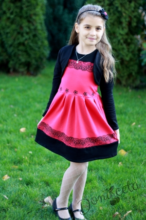 Ватирана ежедневна детска рокля в цвят малина с болеро в черно за есен-зима