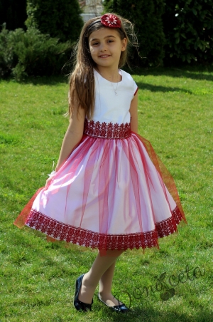 Официална детска рокля  с дантела във винено червено
