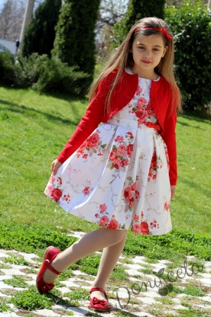 Детска рокля на рози от сатениран памук с болеро в червено