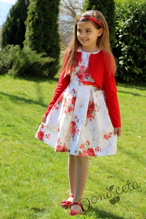 Детска рокля на рози от сатениран памук с болеро в червено