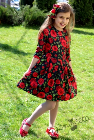 Официална детска рокля в черно с дълъг ръкав с червени рози