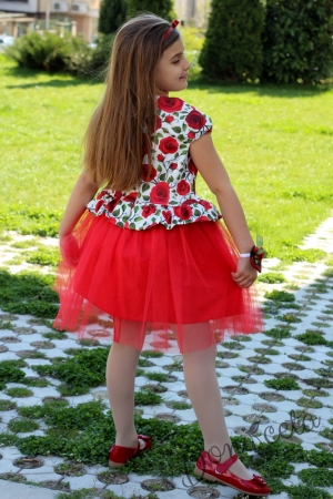 Официална детска рокля  Рали в бяло на рози с къс ръкав и тюл в червено