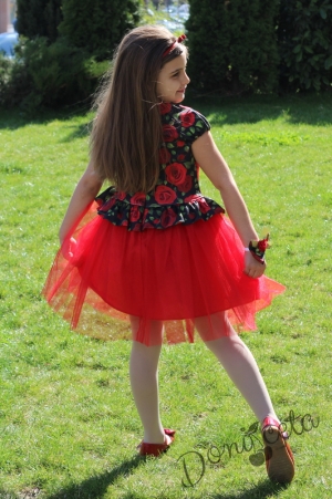 Официална детска рокля в черно на рози с къс ръкав