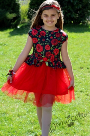 Официална детска рокля в черно на рози с къс ръкав