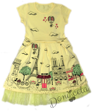 Лятна детска рокля в жълто с мотиви на Париж