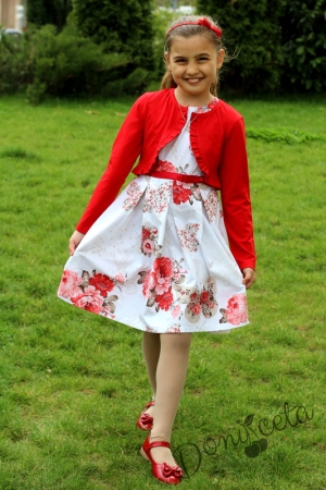 Детска рокля на рози с болеро в червено