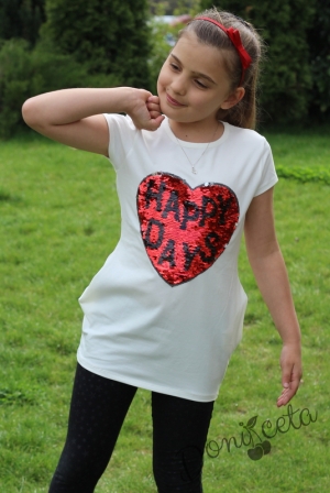 Детска блуза  с къс ръкав със сърце от пайети в червено
