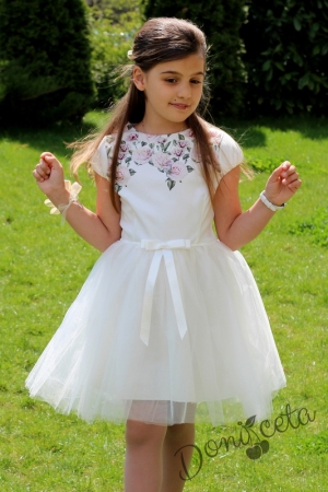 Официална детска рокля  Неа с тюл  в екрю с къс ръкав и цветя в горната част