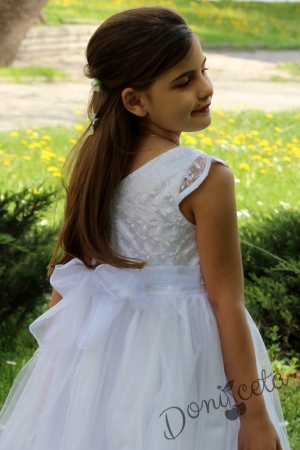 Официална детска дълга рокля в бяло за момиче с дантела и тюл Белима