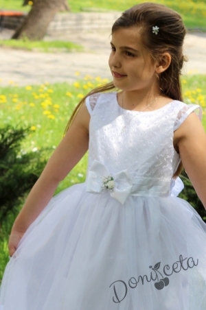 Официална детска дълга рокля в бяло за момиче с дантела и тюл Белима