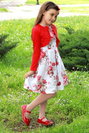 Детска рокля на рози в червено с болеро
