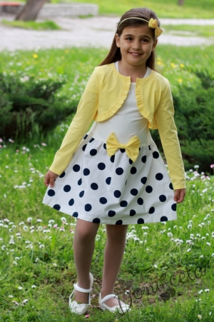 Лятна детска рокля на точки и панделки с болеро в жълто