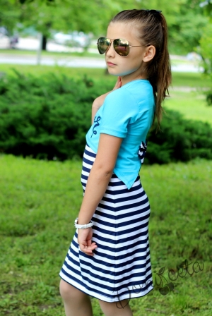 Лятна права рокля в комплект с тениска в синьо