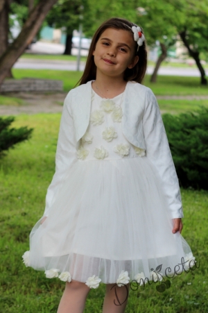 Официална детска рокля в екрю с 3D розички и голяма панделка отзад с болеро