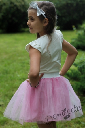 Детска блуза с къс ръкав с пола пачка в нежно розово