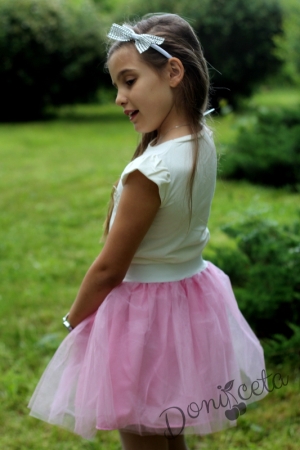  Детска блуза с къс ръкав с пола пачка в нежно розово