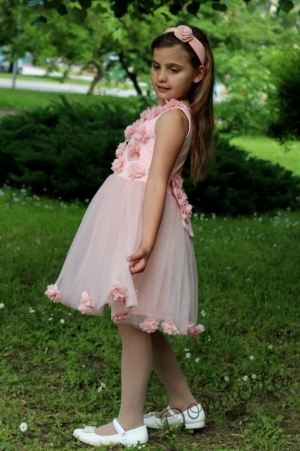 Официална детска рокля  Прея в прасковено с 3D рози и с тюл и голяма панделка отзад