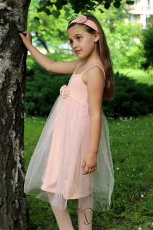 Лятна детска рокля в прасковено с презрамки и с тюл 8