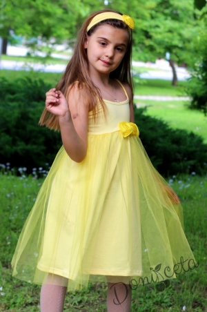 Лятна детска рокля в жълто с тюл и с тънки презрамки 2