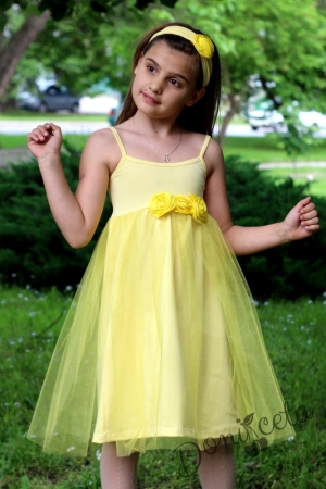 Лятна детска рокля в жълто с тюл и с тънки презрамки 6