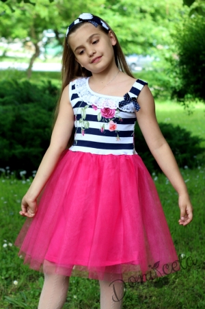 Summer dress in white and dark blue and pink
