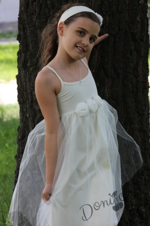 Лятна детска рокля в екрю с тюл и тънки презрамки