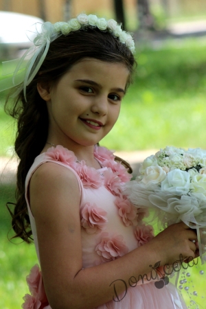 Официална детска рокля  Прея в прасковено с 3D рози и с тюл и голяма панделка отзад