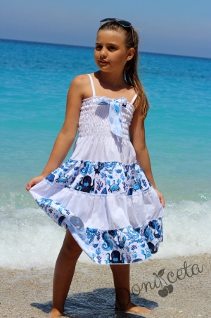 Лятна детска рокля с морски кончета в светлосиньо и бяло