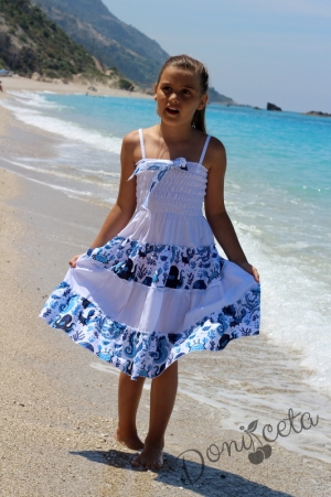 Лятна детска рокля с морски кончета в светлосиньо и бяло
