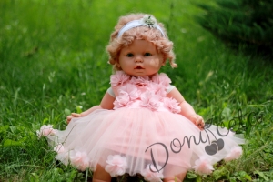 Официална детска/бебешка рокля в прасковено с тюл и с 3D розички и голяма панделка отзад