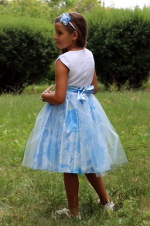 Официална детска рокля в синьо и бяло