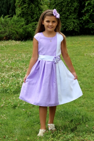 Официална детска рокля Ира в лилаво и бяло с къс ръкав