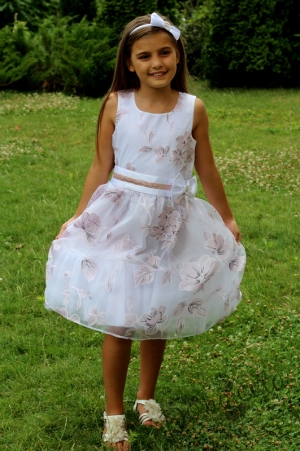 Официална детска рокля Радина в бяло с цветя  и тюл