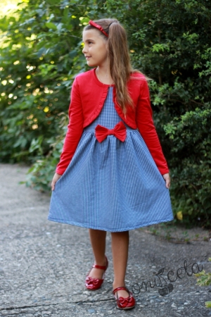 Детска рокля без ръкав в пепит с болеро в червено 