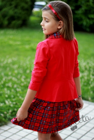 Детски комплект за момиче от карирана пола и сако в червено и каре 3