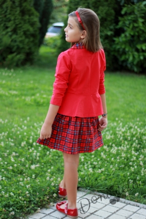Детски комплект за момиче от карирана пола и сако в червено и каре 6