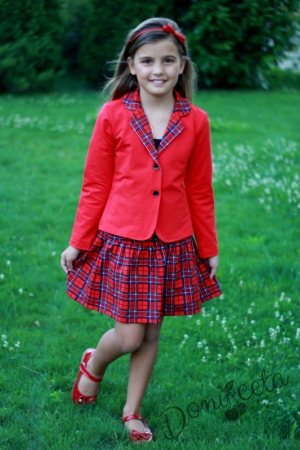 Детски комплект за момиче от карирана пола и сако в червено и каре 7