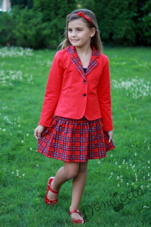 Детски комплект за момиче от карирана пола и сако в червено и каре